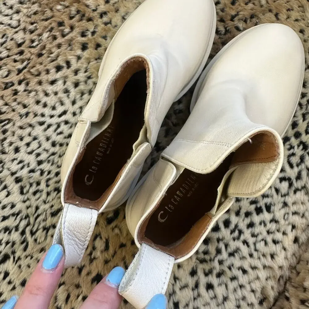 La Canadienne Kash Pull On Lug Sole Booties Off White Leather 36.5